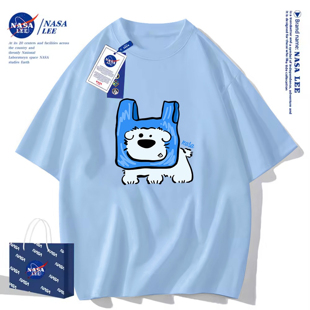 Áo thun ngắn tay cotton NASA phiên bản hợp tác  Mẫu in hình chó con túi áo unisex hè 2025