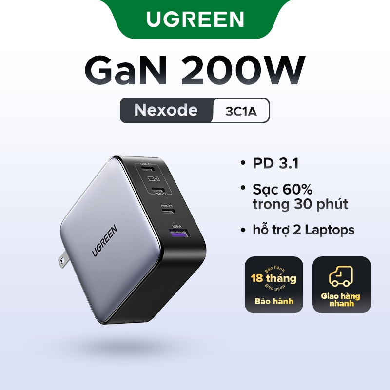 Ugreen 200W GaN Sạc 4 Cổng Du Lịch 140W PD3.1 Sạc Nhanh Cho Laptop Máy Tính Bảng MacBook Air / Pro iPhone 16 Pro Max Samsung S25 Ultra