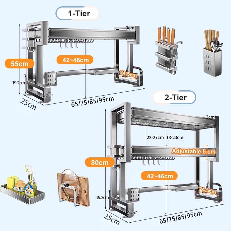 Cambond 304 Thép không gỉ Giá để bát đĩa trên bồn rửa 2 tầng Giá để bát đĩa