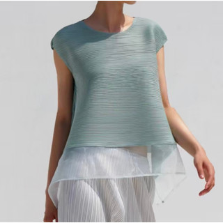 Miyake Xếp Ly Quần Áo Mùa Hè Phong Cách Mới Cổ Tròn Màu Trơn Nhỏ Bay Tay Gạc Top Tính Khí Thời Trang Mỏng Hơn Nhìn Cao Cấp