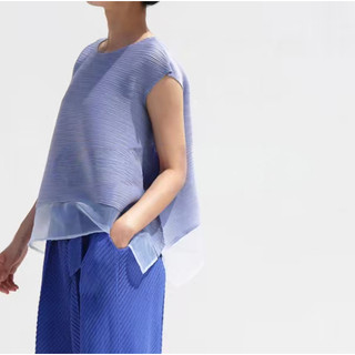 Miyake Xếp Ly Quần Áo Mùa Hè Phong Cách Mới Cổ Tròn Màu Trơn Nhỏ Bay Tay Gạc Top Tính Khí Thời Trang Mỏng Hơn Nhìn Cao Cấp