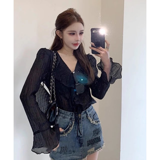 Phong Cách Hàn Quốc Nữ Voan Ruffle Ren Áo Sơ Mi Tay Dài