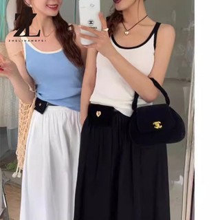 ZHELIHANGFEI Áo 2 dây nữ, áo 3 lỗ len mongtoghi hàng QCCC sang trọng quyến rũ màu trắng đen đỏ be xanh kẻ sọc