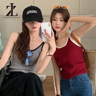 ZHELIHANGFEI Áo 2 dây nữ, áo 3 lỗ len mongtoghi hàng QCCC sang trọng quyến rũ màu trắng đen đỏ be xanh kẻ sọc