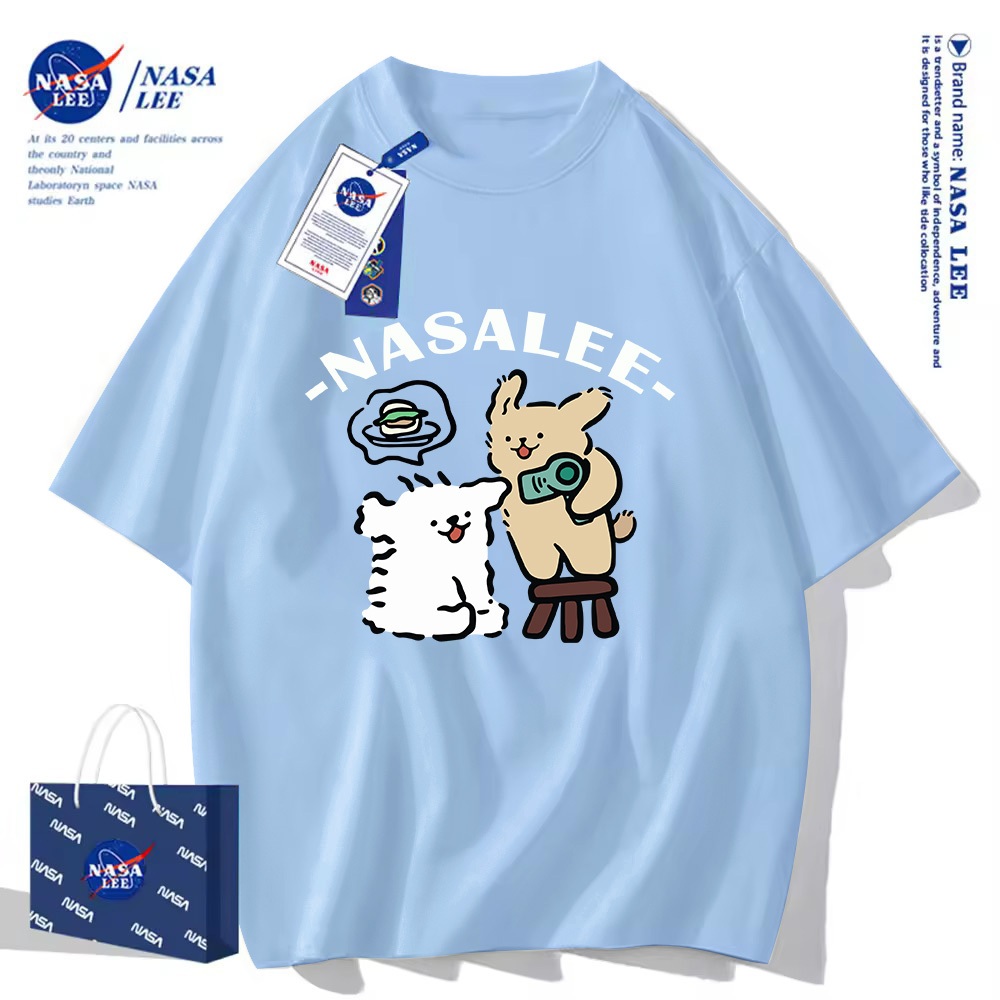 Áo thun cotton ngắn tay hợp tác NASA  Họa tiết chó con cách điệu unisex hè 2025