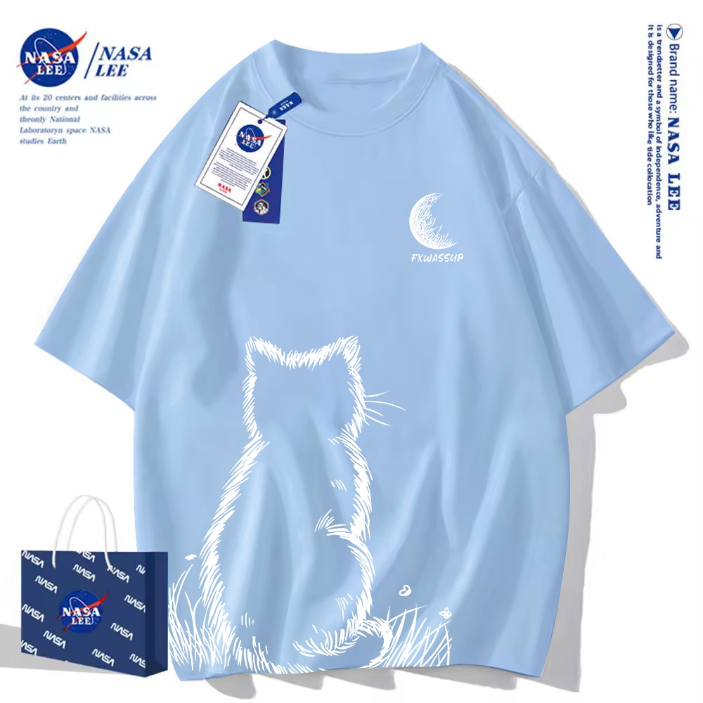 Áo thun NASA ngắn tay mèo, cotton, dáng rộng, unisex