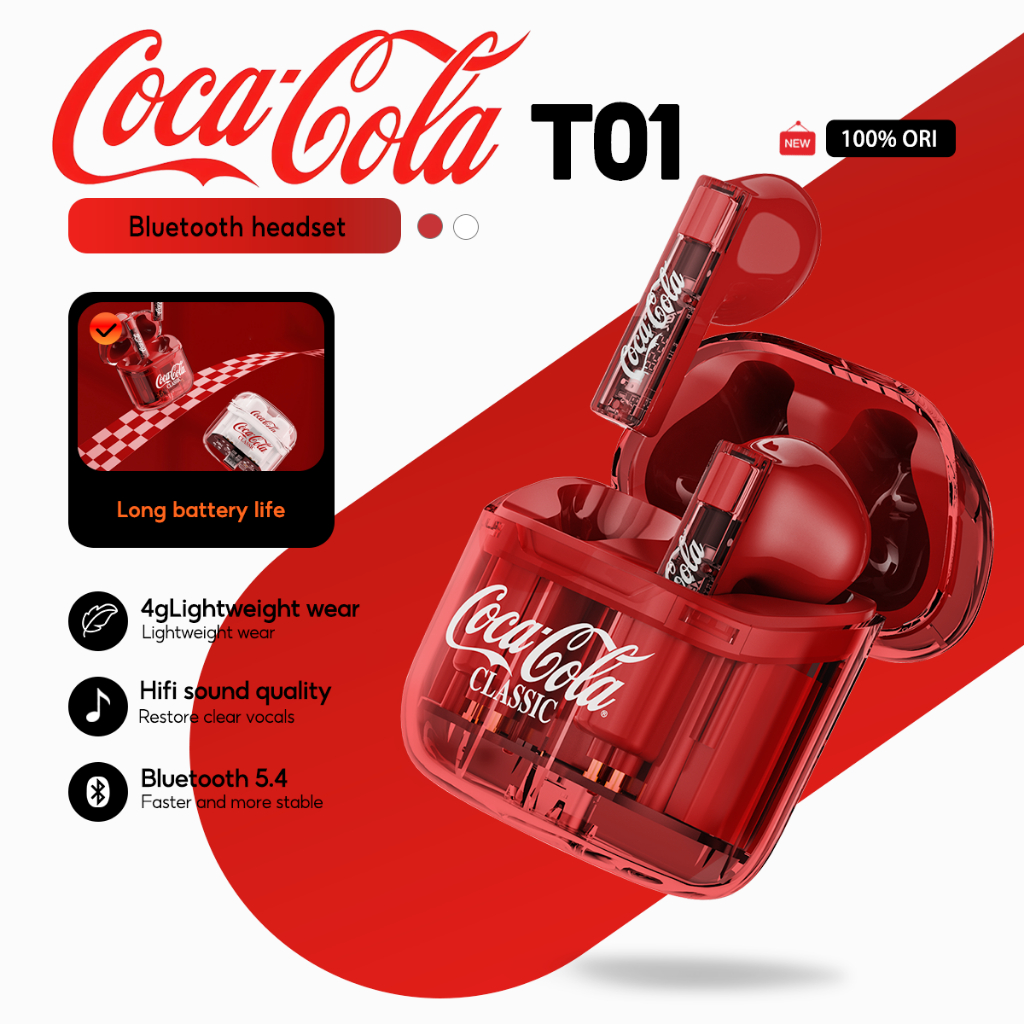 Tai nghe Coca-Cola T01 Tai nghe TWS Bluetooth 5.4 Điều khiển cảm ứng ...