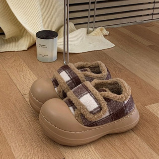 XIXITIAO Giày Cotton Nữ Mùa Đông Retro Màu Sắc Tương Phản Kẻ Sọc Bên Ngoài Mặc Velcro Đế Dày Giữ Ấm