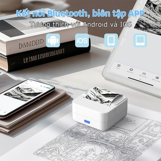 [KHÔNG IN MÃ VẬN ĐƠN] Máy In Nhiệt Mini Bluetooth cầm tay với giấy dán 1 cuộn, Máy dán nhãn Y2C, Máy in bỏ túi Bluetooth, Thích hợp cho DIY, Ghi chú, Quà tặng hợp lý hình ảnh cho trẻ em và tay nghề thủ công, Trắng