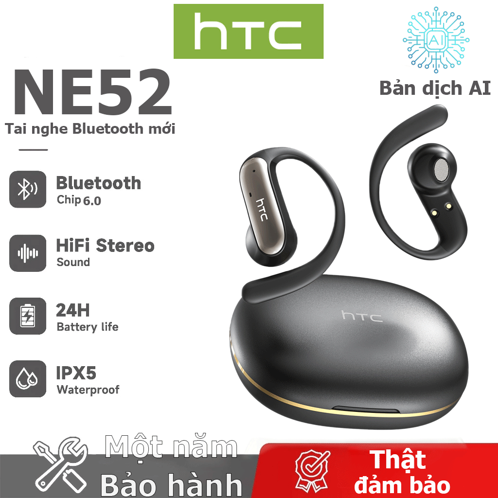 Bảo hành một năm HTC NE52 AI Dịch thuật thời gian thực Tai nghe BluetoothTWS Bluetooth 6.0 Chất lượng âm thanh HiFi IPX5 Tai nghe không dây chống nước | BigBuy360 - bigbuy360.vn