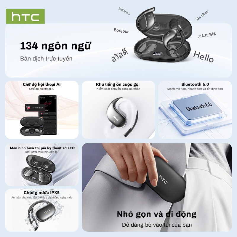 Tai nghe HTC NE57 với bản dịch thời gian thực 134 ngôn ngữ, pin 24H, chống nước IPX5 và âm thanh Hi-Fi | BigBuy360 - bigbuy360.vn