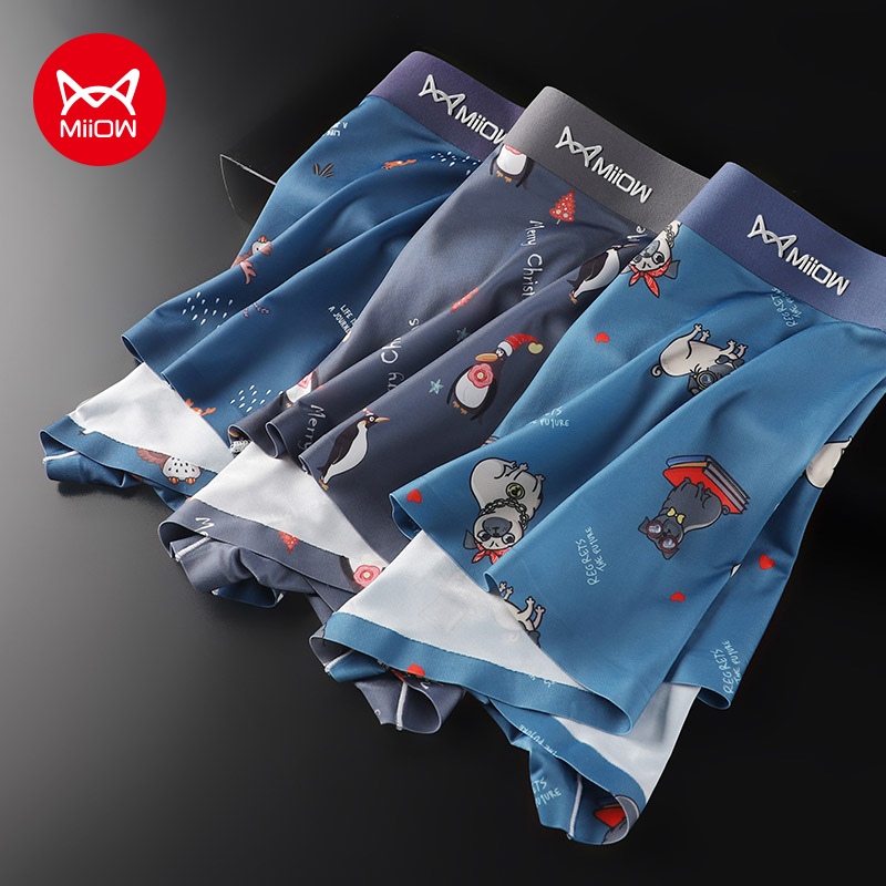 Bộ 3 Quần Lót Boxer Cotton Lụa Không Đường May Kháng Khuẩn In Họa Tiết Hoạt Hình Cho Nam
