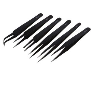 6 Nhíp chống tĩnh điện bằng thép không gỉ Dụng cụ bảo trì sửa chữa màu đen với đầu khuỷu tay nhọn