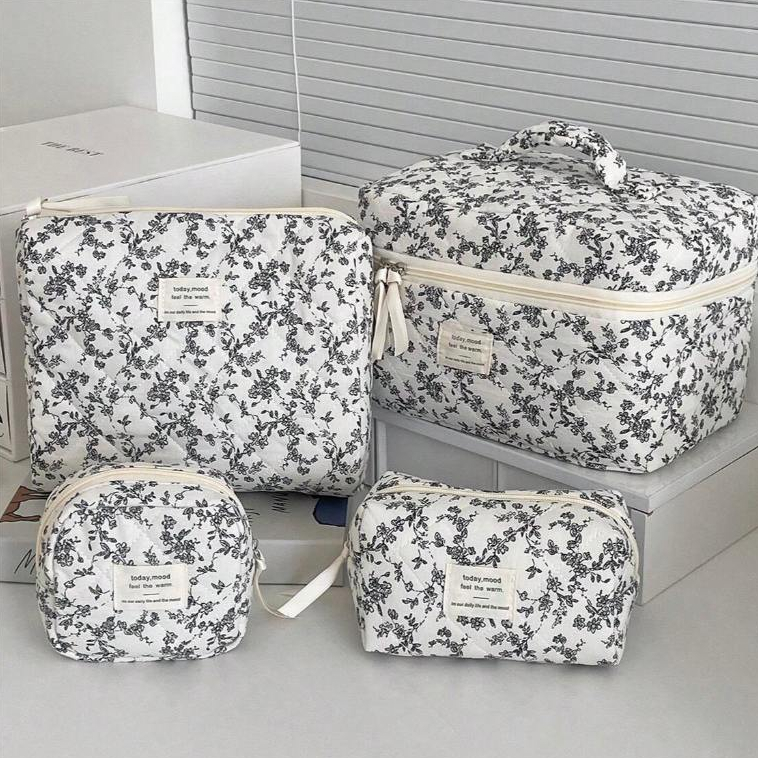 Túi mỹ phẩm Pháp hoa đen trắng vải mềm khóa kéo đơn giản cổ điển nhà ở du lịch nữ