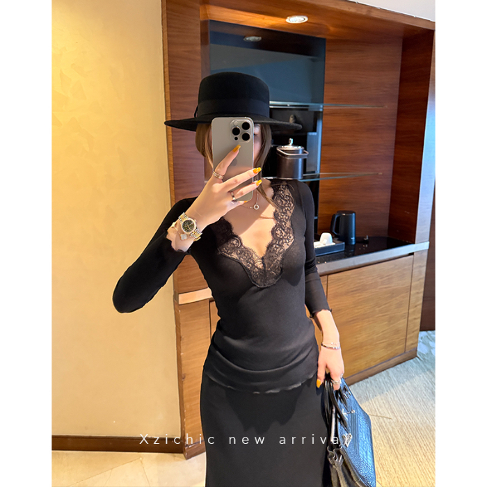 【Hàng giao ngay】Áo thun dài tay cổ chữ V khâu ren style mùa thu Hàn Quốc, dành cho nữ