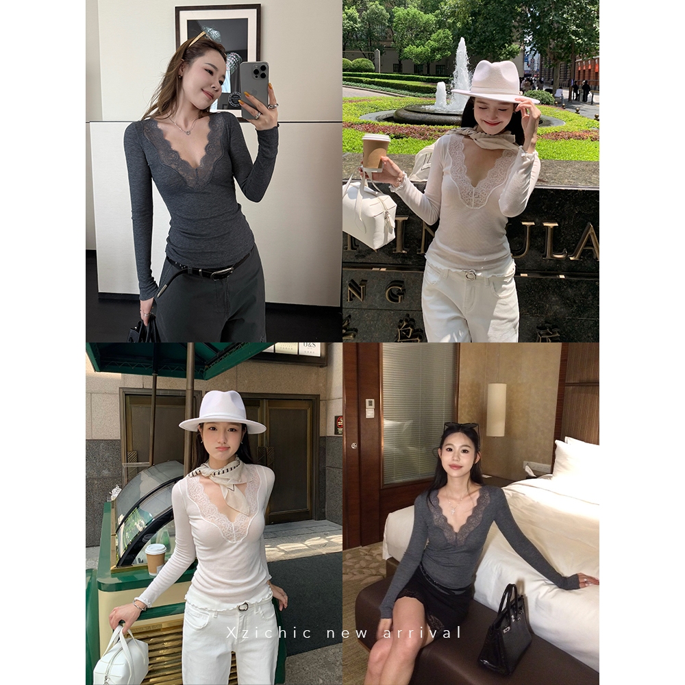 【Hàng giao ngay】Áo thun dài tay cổ chữ V khâu ren style mùa thu Hàn Quốc, dành cho nữ