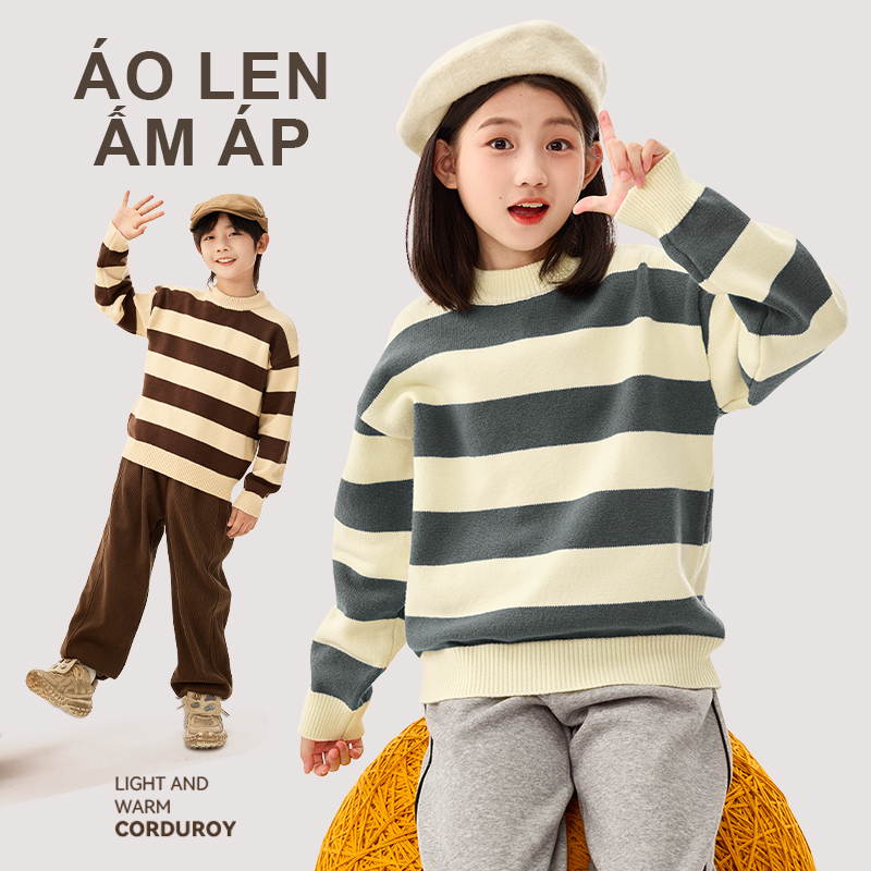 W.G.Q Áo len bé trai , Áo ấm bé trai mùa đông họa tiết sọc , chất liệu êm ái có in hình