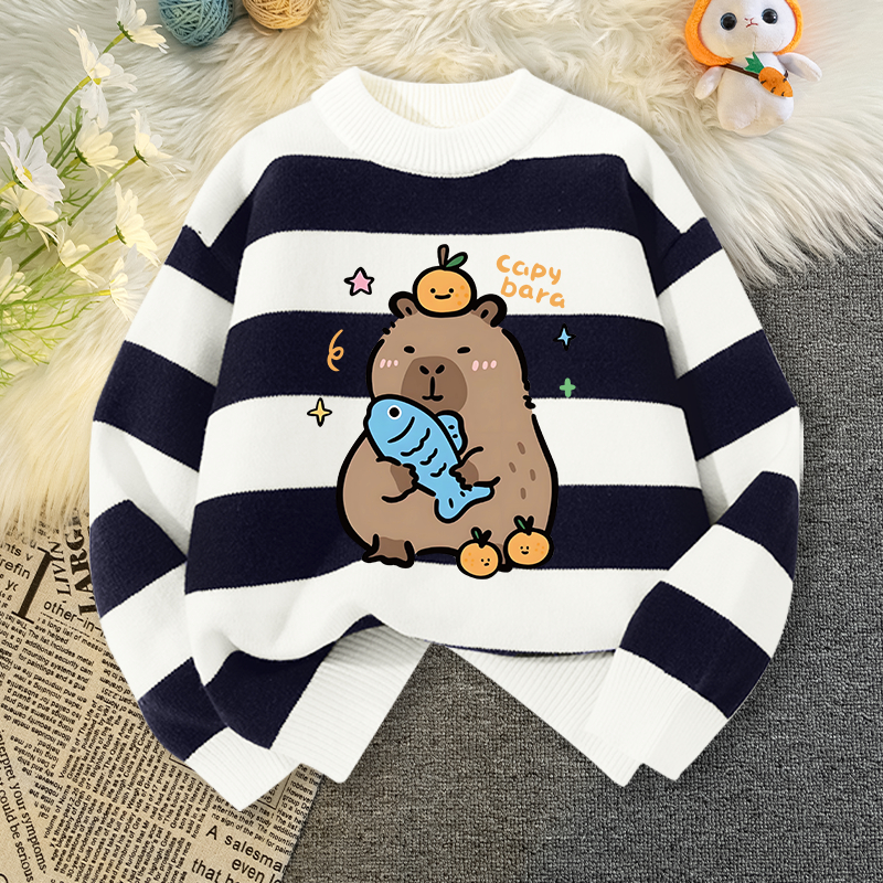 W.G.Q Áo len bé gái / bé trai, Áo ấm mùa đông, Thiết kế sọc ấm áp thoải mái với in capybara