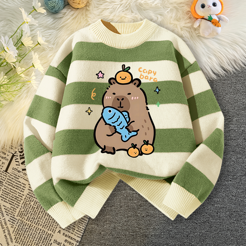 W.G.Q Áo len bé gái / bé trai, Áo ấm mùa đông, Thiết kế sọc ấm áp thoải mái với in capybara