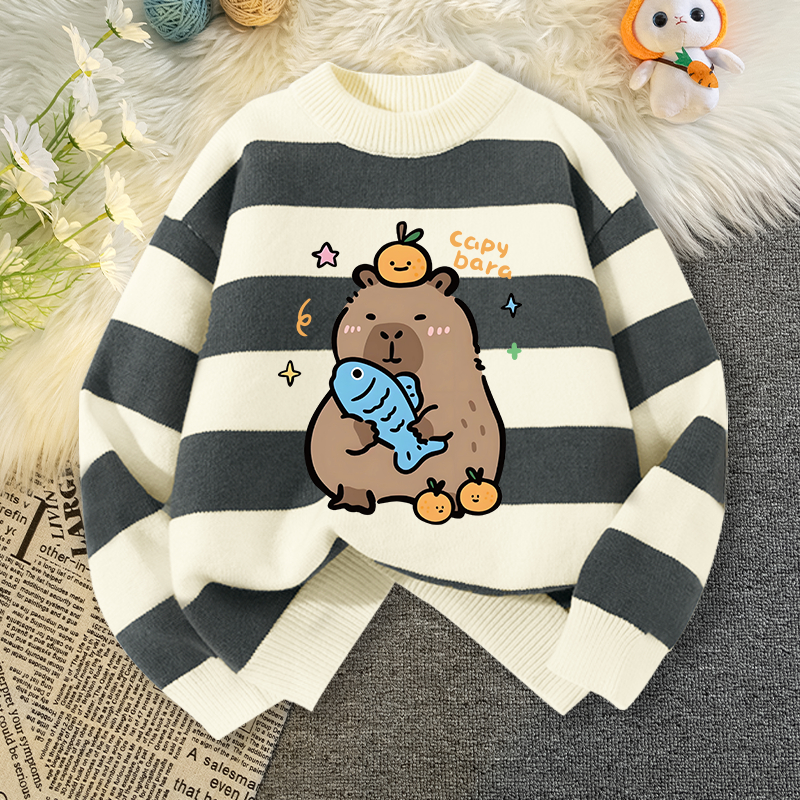 W.G.Q Áo len bé gái / bé trai, Áo ấm mùa đông, Thiết kế sọc ấm áp thoải mái với in capybara