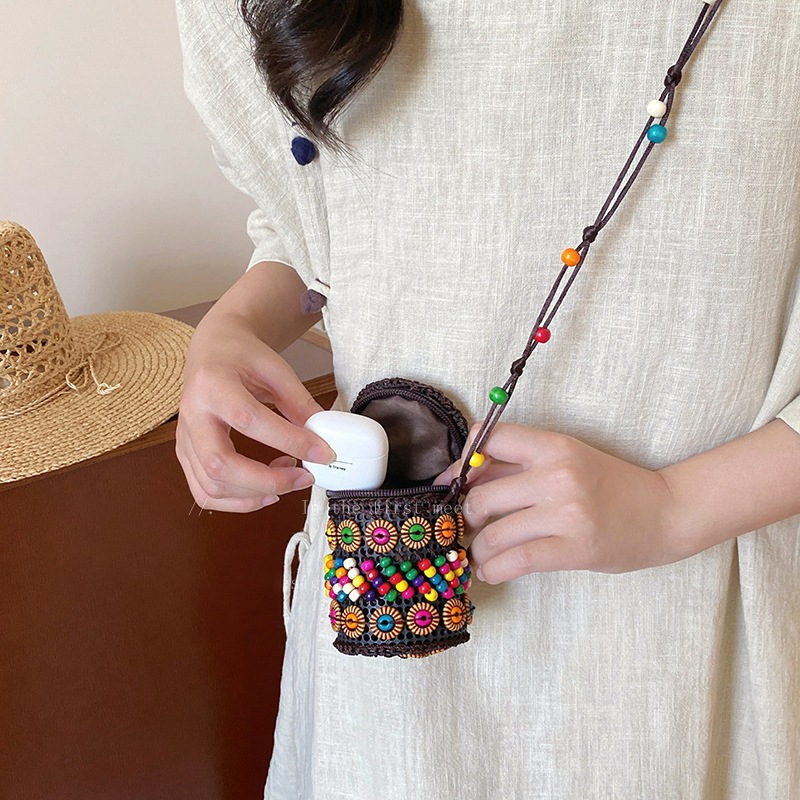 Boho phong cách dân tộc dừa túi xách nữ handmade dệt kim tai nghe môi phong bì đỏ phụ kiện thời trang retro