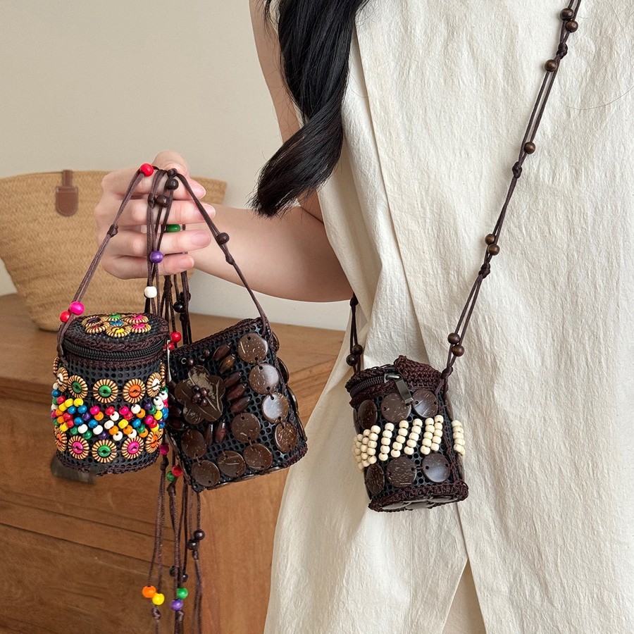 Boho phong cách dân tộc dừa túi xách nữ handmade dệt kim tai nghe môi phong bì đỏ phụ kiện thời trang retro