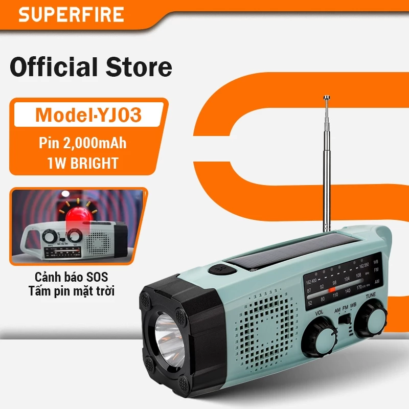 Đèn Pin Siêu Cấp SUPERFIRE YJ03 Đa Năng Sạc Tay Quay & Năng Lượng Mặt Trời Pin 2000mAh Ánh Sáng Mạnh Cho Hoạt Động Ngoài Trời & Sinh Tồn — ảnh 1