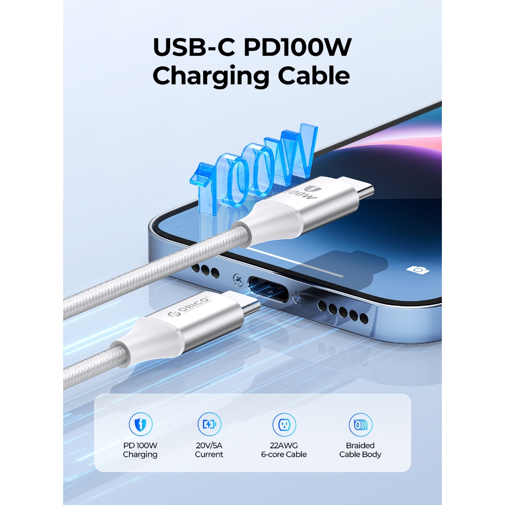 ORICO - Cáp sạc nhanh Type-C sang Type-C PD100W Cáp sạc USB-C 1M (CDX-100CC)