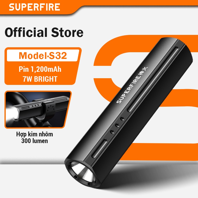 SUPERFIRE S32 7W Đèn Pin LED Siêu Sáng Chống Nước Đủ Sạc Dùng Làm Đèn Trước Xe Đạp