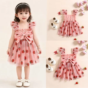/ / -Baby Girl Ruffle Tay Vuông Cổ Dâu In Hình Công Chúa Tulle