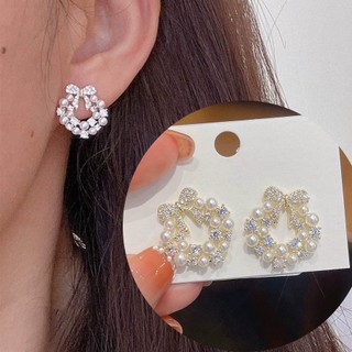Nhẫn nơ và bông tai kim cương giả, ngọc trai phong cách thanh lịch hình học cao cấp