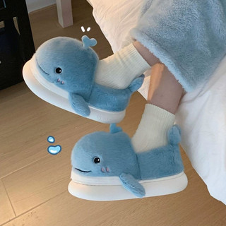 XIXITIAO Dép Cotton Nữ Thu Đông Dễ Thương Ba Chiều Cá Voi Lông Cừu Ấm Áp Trong Nhà Thoải Mái