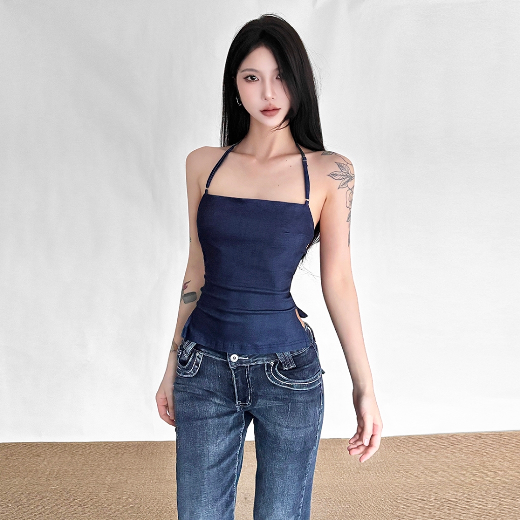 Vest hở lưng màu sắc đơn giản, dây sling mảnh mai, phong cách đường phố vintage, phù hợp mùa hè