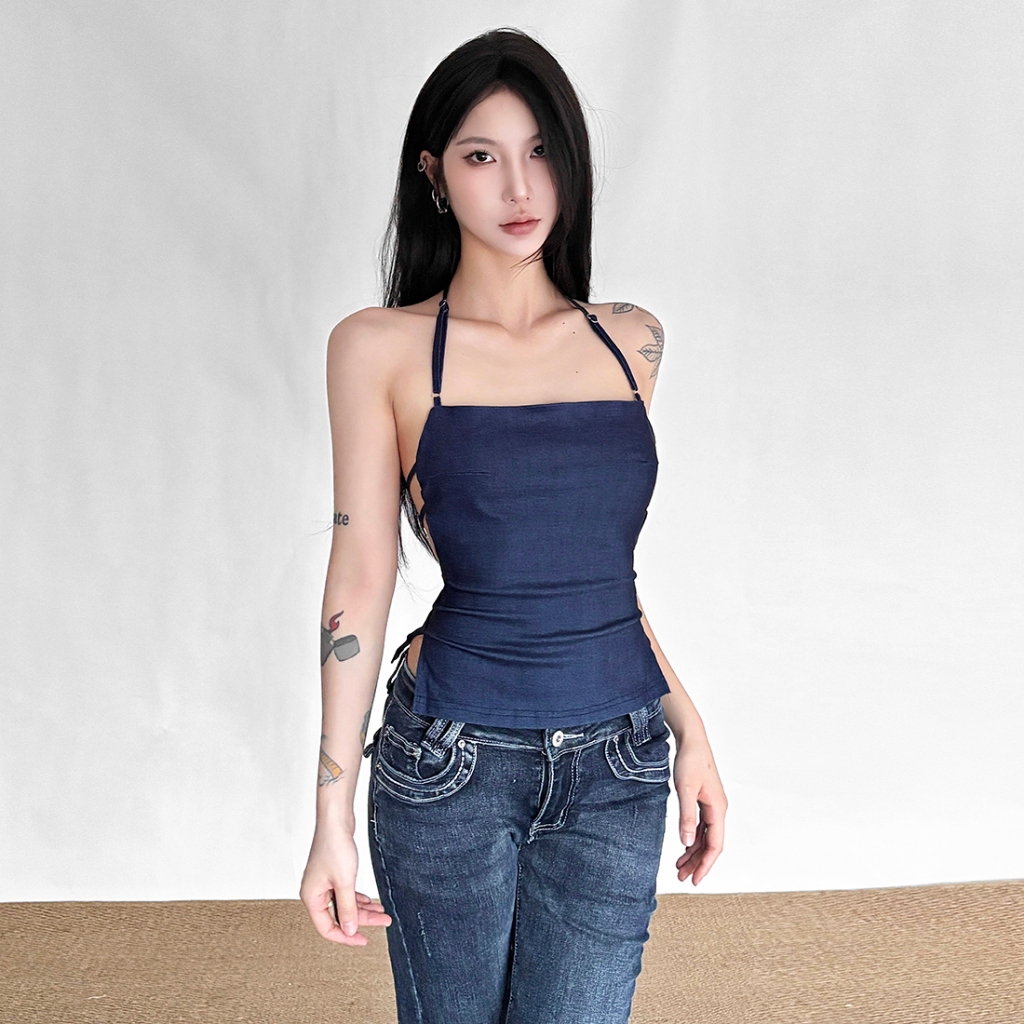 Vest hở lưng màu sắc đơn giản, dây sling mảnh mai, phong cách đường phố vintage, phù hợp mùa hè