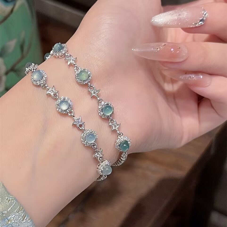 Vòng tay bạc phong cách Hàn Quốc, họa tiết ngôi sao màu zircon xanh, phù hợp làm quà tặng sinh nhật cho sinh viên