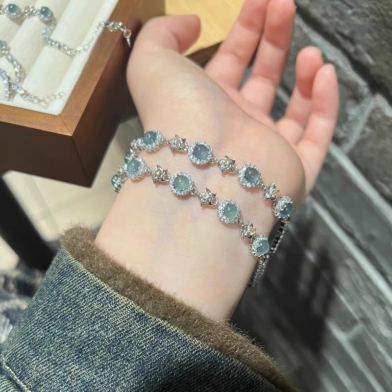 Vòng tay bạc phong cách Hàn Quốc, họa tiết ngôi sao màu zircon xanh, phù hợp làm quà tặng sinh nhật cho sinh viên