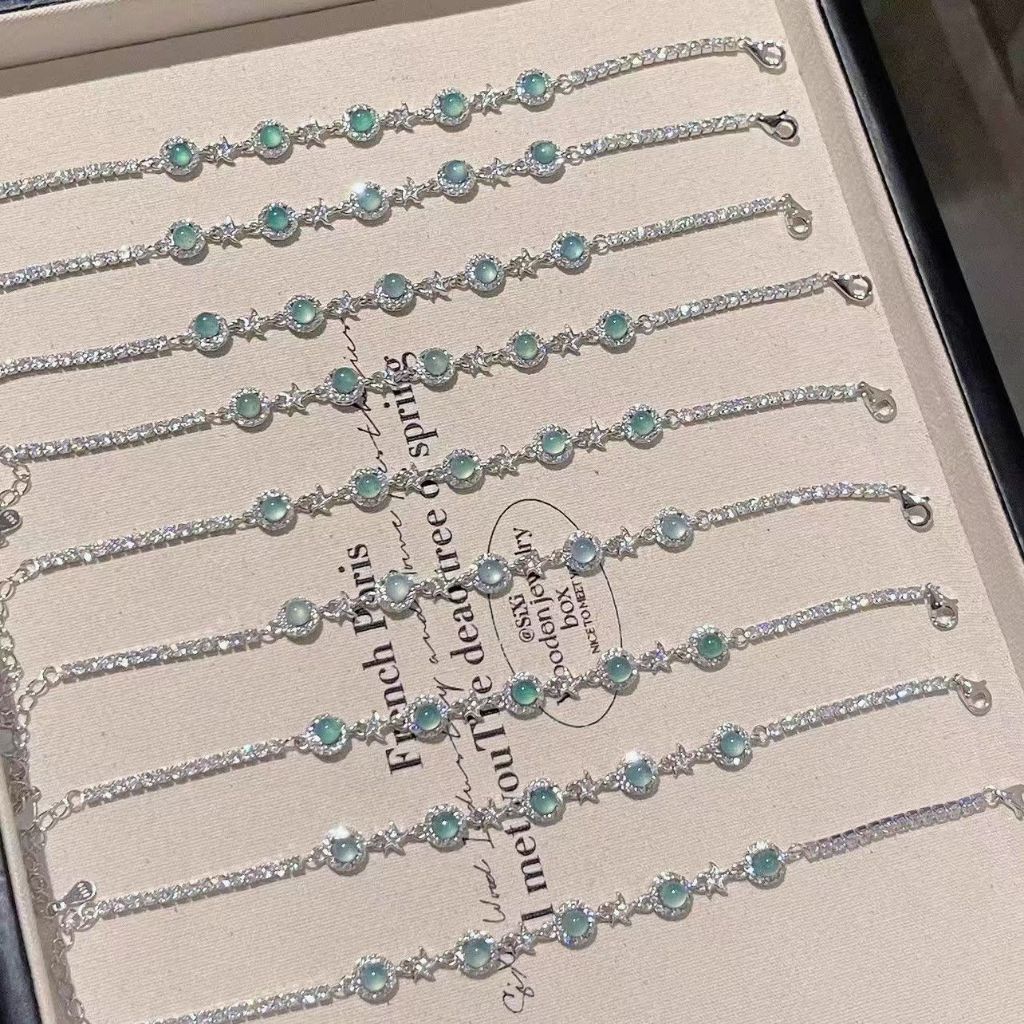 Vòng tay bạc phong cách Hàn Quốc, họa tiết ngôi sao màu zircon xanh, phù hợp làm quà tặng sinh nhật cho sinh viên