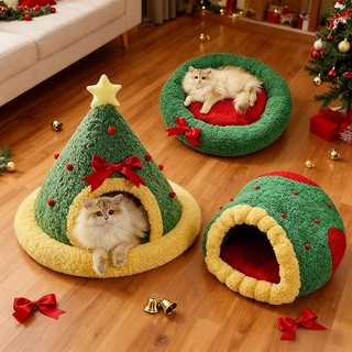 Giường cho mèo, Giường cây thông Noel sang trọng ấm áp, Tổ mèo chống trượt, Hang mèo có thể giặt được có thể tháo rời cho thú cưng nhỏ vừa trong nhà