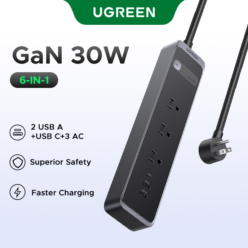 UGREEN PD 30W Sạc nhanh 3 đầu ra Bảo vệ chống sét 2A1C Chiều dài 1,8M 1600 Joules Hoạt động với cáp USB A USB C Bảo vệ quá tải