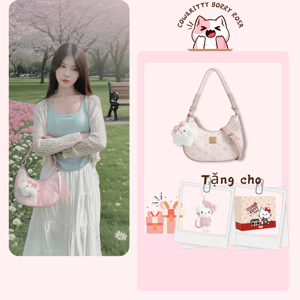Cow&Kitty/BORRY ROSA Túi đeo vai màu hồng dễ thương Túi nửa mặt trăng ...