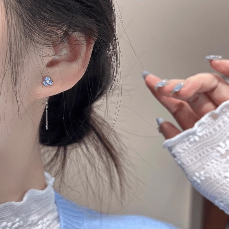 Ｂông tai hoa xanh màu bạc tinh tế - Quà tặng sinh nhật cho nữ