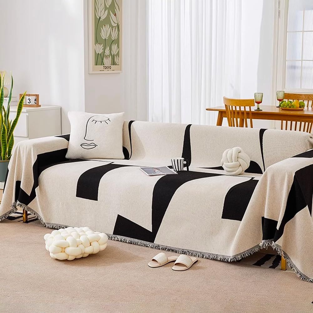Chăn sofa Chenille vuông hình học hiện đại mới, Đệm sofa đa năng chống trượt, Vỏ bọc ghế sofa hình chữ L có thể giặt được cho phòng khách