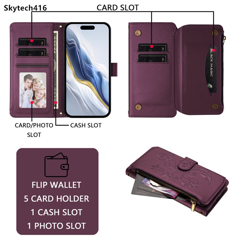 Ốp Lưng Cho OPPO Reno 9A 11F 12 FS 12F 13 Pro 13F 14 14F 4G 5G Ốp Lưng Dây Kéo Bướm Ví Da Khe Cắm Thẻ Lật Da