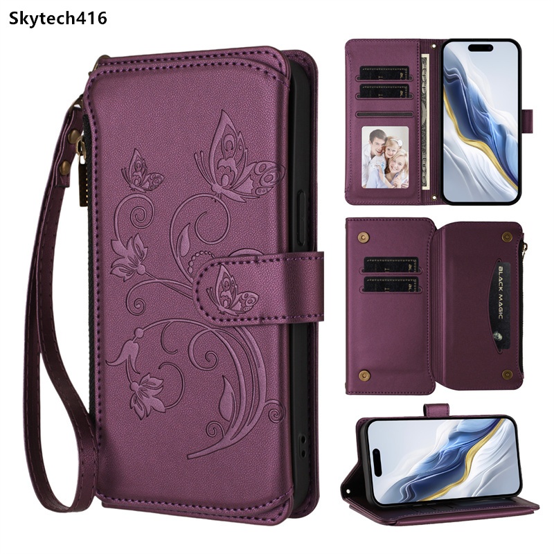 Ốp Lưng Cho OPPO Reno 9A 11F 12 FS 12F 13 Pro 13F 14 14F 4G 5G Ốp Lưng Dây Kéo Bướm Ví Da Khe Cắm Thẻ Lật Da