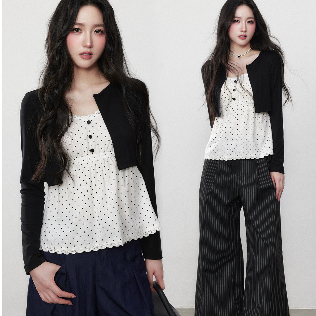 【Hàng giao ngay】Áo sơ mi phiên bản Hàn Quốc, cổ chữ V, slim-fit, màu trắng chấm bi dài tay phù hợp mùa thu