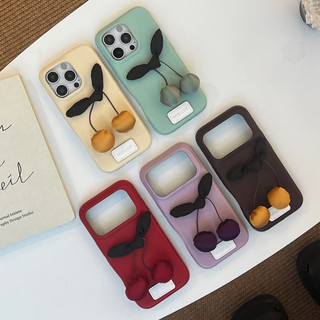Ốp Điện Thoại Da PU Cứng Vải Lụa Hàn Quốc Nơ Anh Đào Cho iPhone 17 17Pro 17Promax 13 14 15 16 Pro Max Chống Sốc Nữ Điện Thoại Di Động