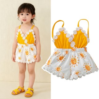 Áo liền quần không tay cổ chữ V in hình hoa hướng dương cho bé gái
