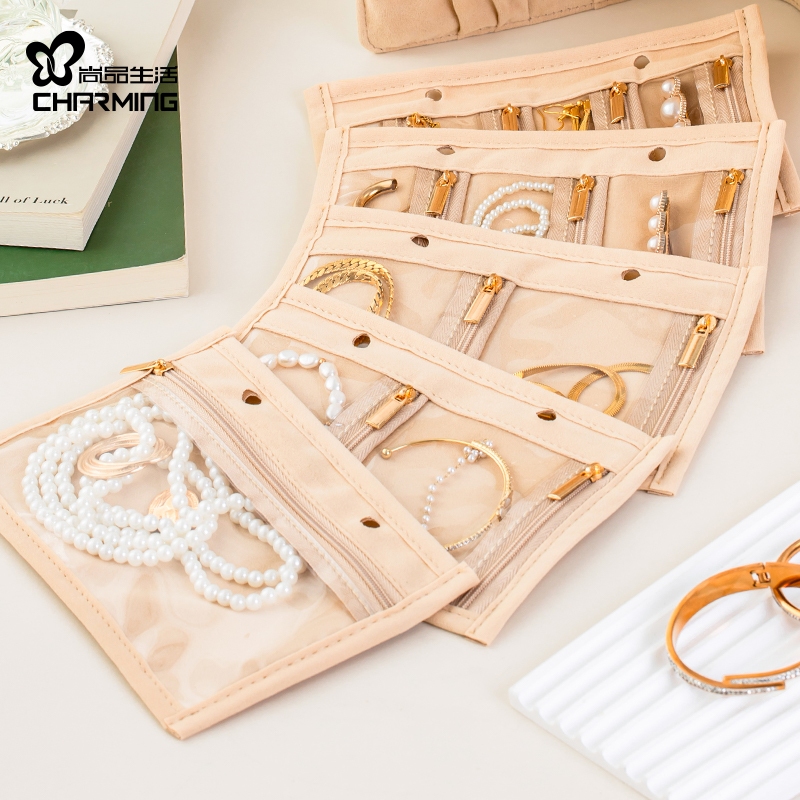 CASEGRACE Hộp Trang Sức Trong Suốt Túi Vòng Cổ Chất Kết Dính Lưu Trữ Sách Nhung Di Động Có Dây Kéo Sang Trọng Da PU Trang Sức Vòng Cổ Bông Tai Organzier