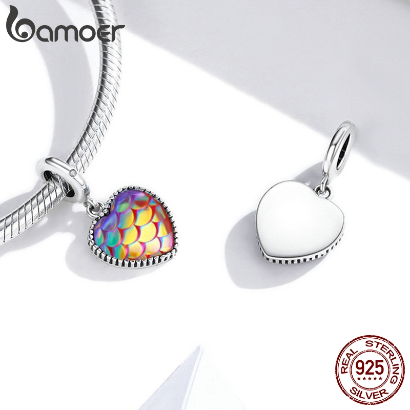 Hạt phụ kiện Bamoer Scc2007 bằng bạc 925 họa tiết trái tim và vảy cá dùng để tự làm vòng đeo tay và dây chuyền 4.5mm