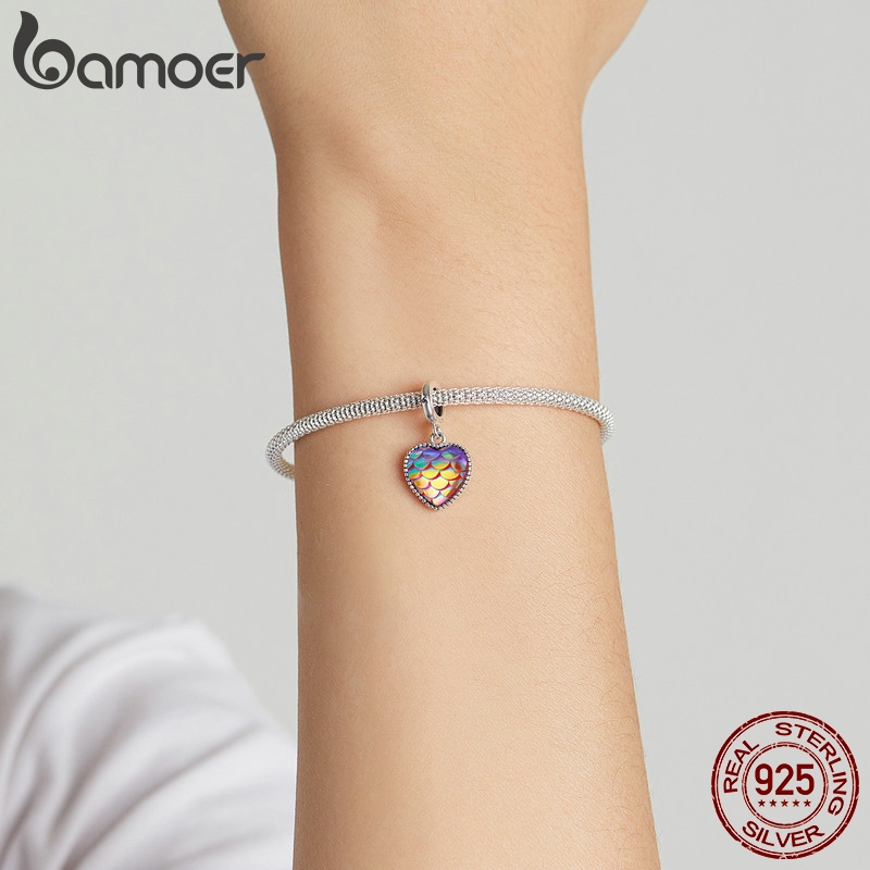 Hạt phụ kiện Bamoer Scc2007 bằng bạc 925 họa tiết trái tim và vảy cá dùng để tự làm vòng đeo tay và dây chuyền 4.5mm